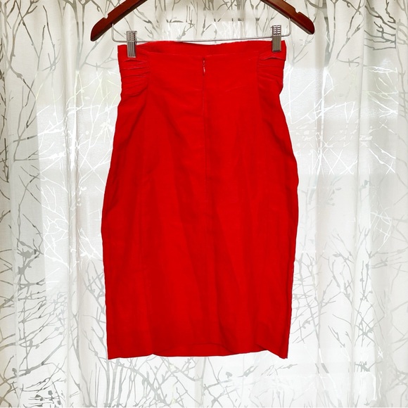 CARMEN MARCH red linen high rise gathered waist fitted midi slit pencil skirt - Picture 5 of 9